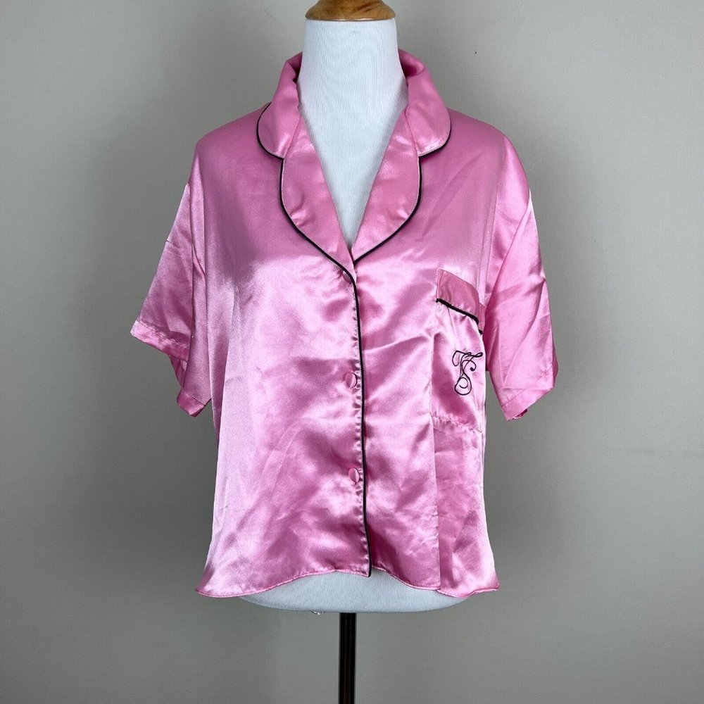 Victorias Secret Pajama Top Medium Pink Short Sleeve Button Up Pocket Gold Label